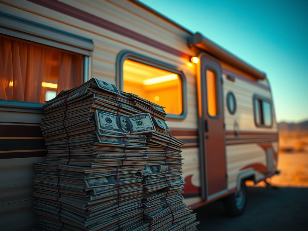A stack of cash is piled next to a recreational vehicle (RV) parked in a scenic outdoor setting, emphasizing the financial aspect of RV ownership.