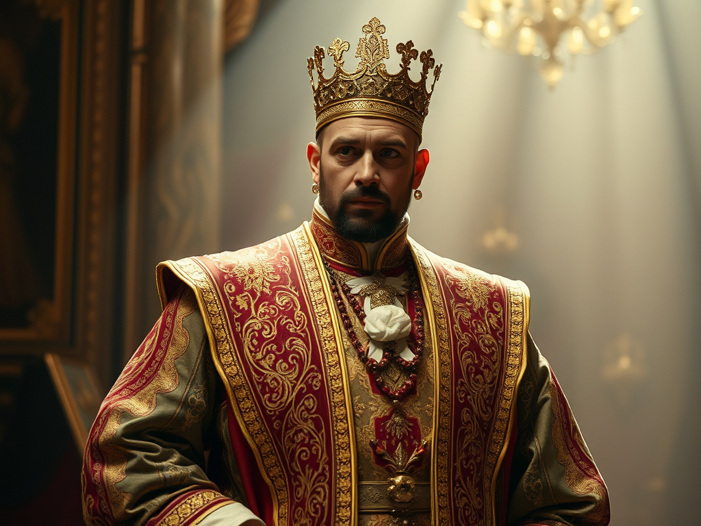 A regal figure in elaborate, ornate clothing, wearing a crown and standing confidently, evoking the story of the Emperor's New Clothes.