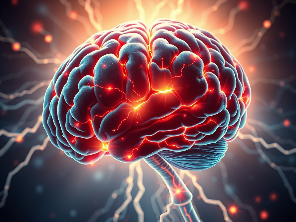 A close-up view of a vibrant, glowing brain surrounded by electric energy and neurons, symbolizing thoughts and mental power.