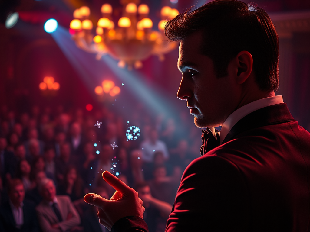 A magician performing on stage, with a focused expression, creating magical effects with his hands in front of a captivated audience under atmospheric lighting.