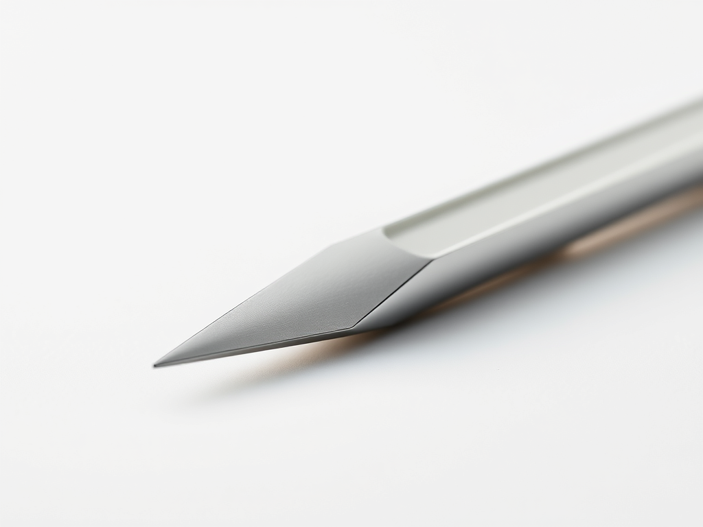Close-up of a sleek, metallic writing instrument with a sharp point, set against a simple white background.