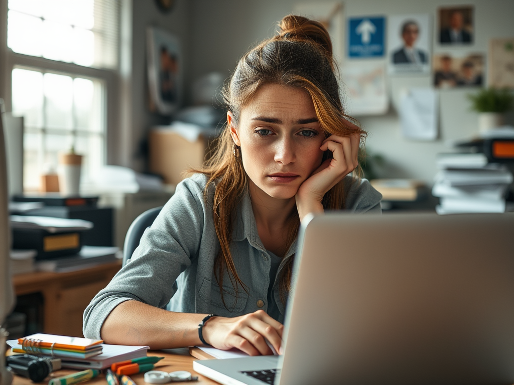 A young woman sitting at a desk with a laptop, looking thoughtful and slightly worried, surrounded by office supplies and papers.