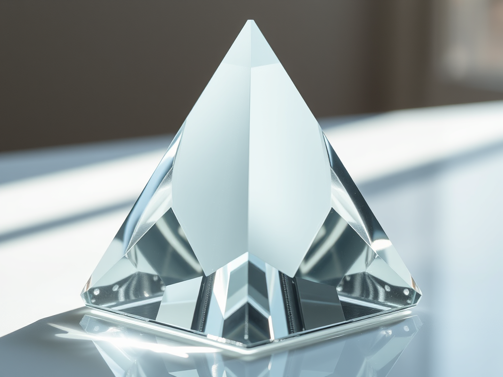 A clear crystal pyramid sculpture reflecting light on a surface.