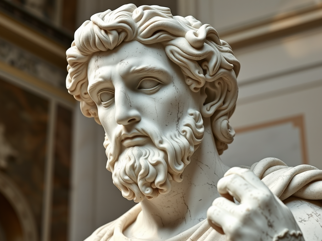 Close-up view of a marble sculpture depicting a bearded figure, showcasing intricate details in the facial features and hair, against a softly lit background.