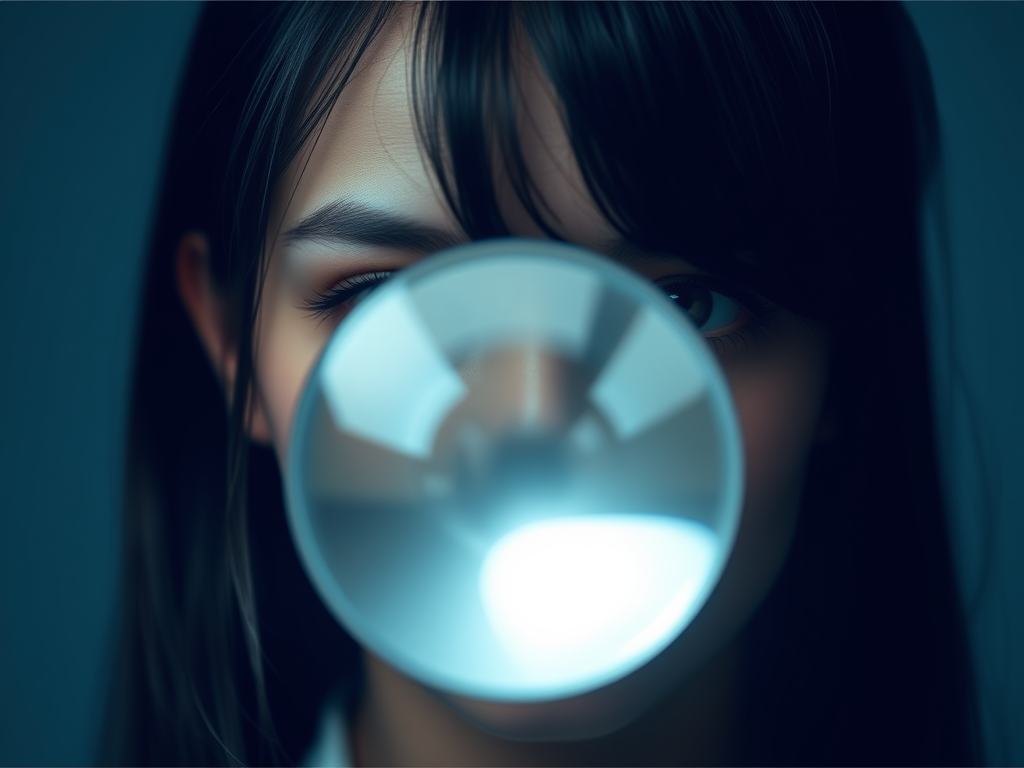 Close-up portrait of a person blowing a bubble, with a soft focus on their eyes. The background is a muted blue, enhancing the clarity of the bubble and the expression.