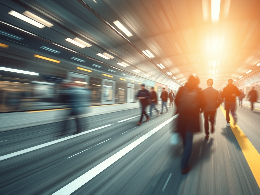 A blurred image of a busy subway station with people walking in different directions, conveying a sense of motion and urgency.
