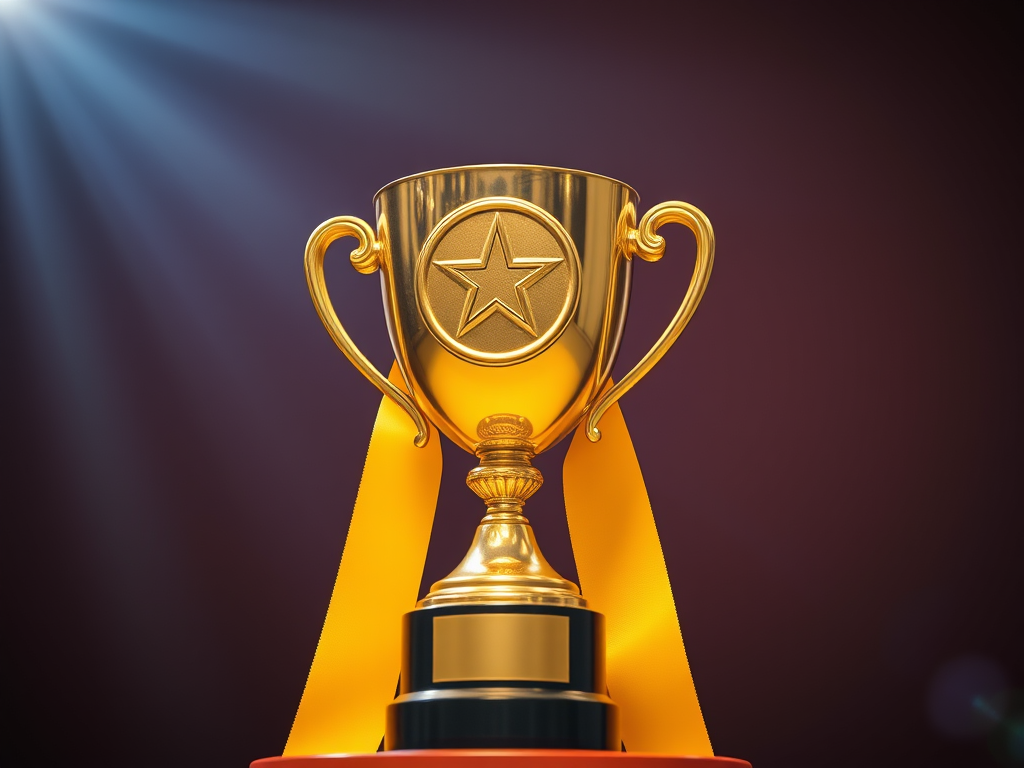 A shiny gold trophy with a star emblem and a yellow ribbon, displayed against a dark background with a light beam illuminating it.