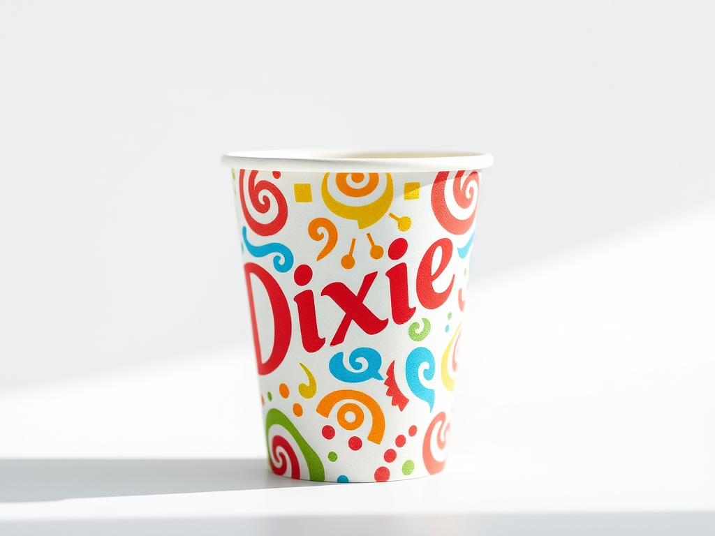 A Dixie cup featuring colorful swirls and the word 'Dixie' prominently displayed.
